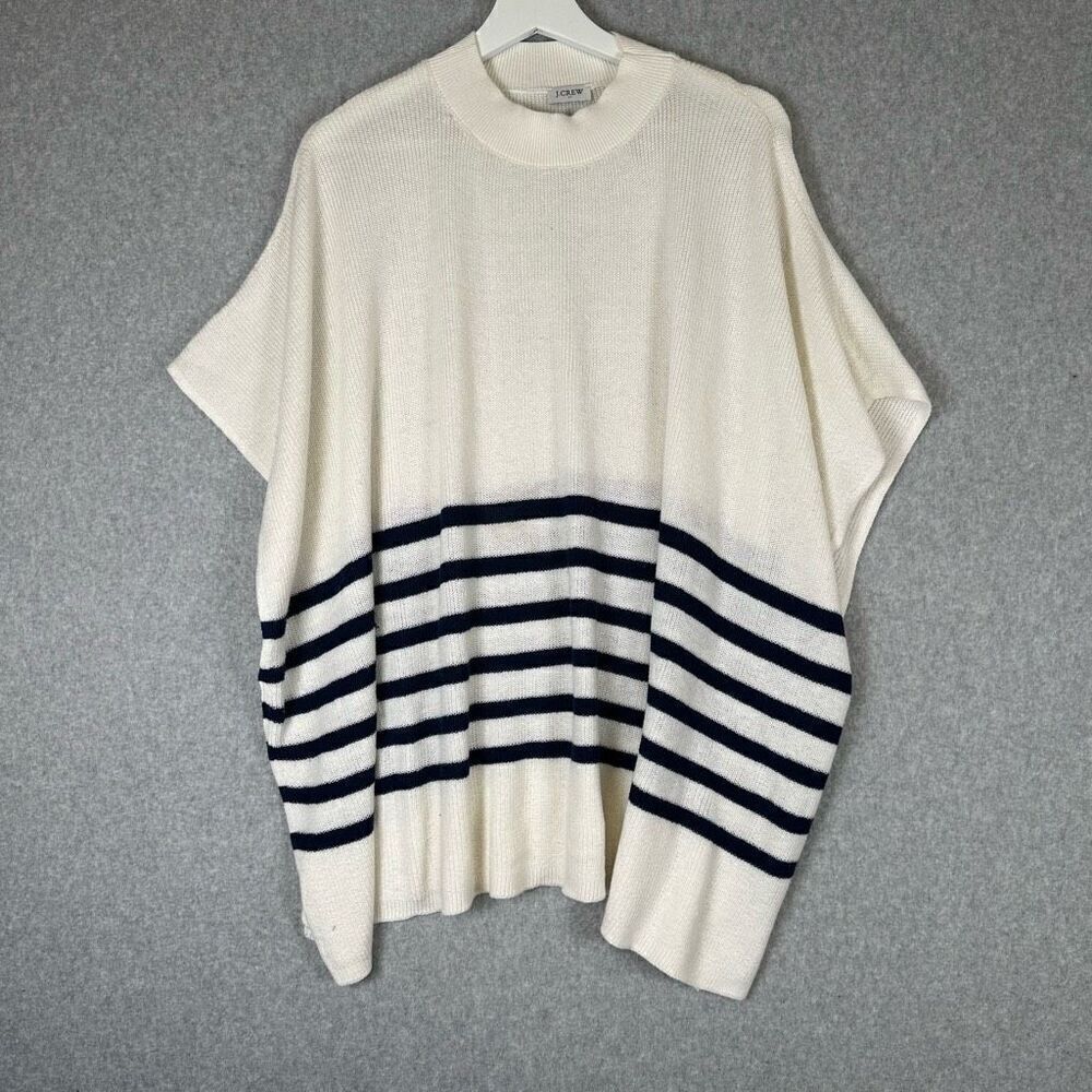 J Crew poncho womens one size Ribbed Lightweight Mock Neck Cream Navy Blue Strip